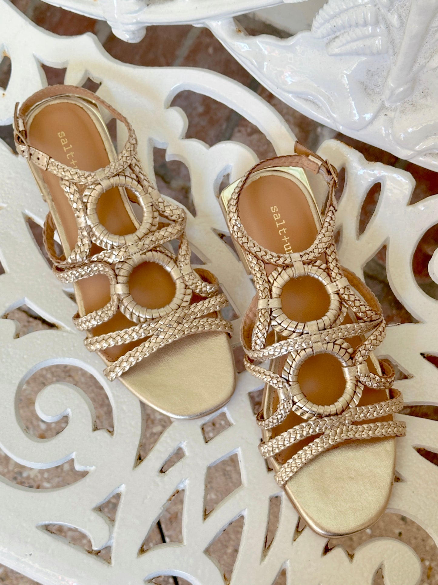 AMALFI- GOLD braided leather square toe block heel sandal