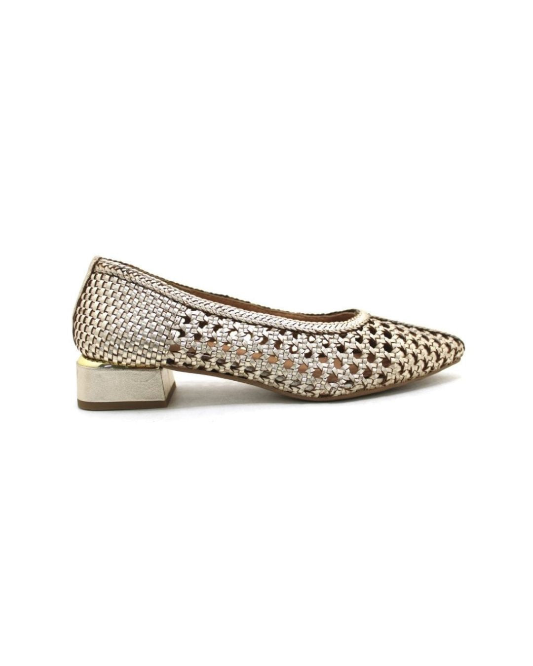 MOOREA-GOLD woven closed back pointy toe heel