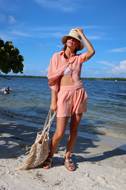 MAUI - CORAL SHORT SLEEVE BUTTON DOWN TOP