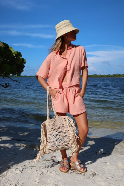 MAUI - CORAL SHORT SLEEVE BUTTON DOWN TOP