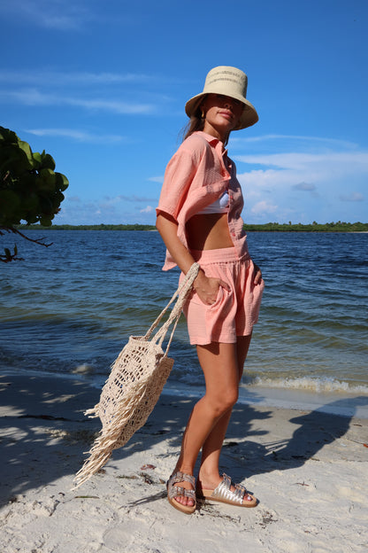 MAUI - CORAL SHORT SLEEVE BUTTON DOWN TOP