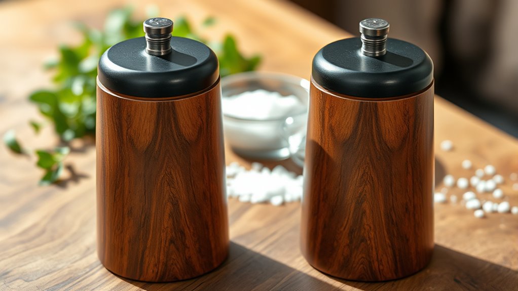 top wooden salt and pepper grinders